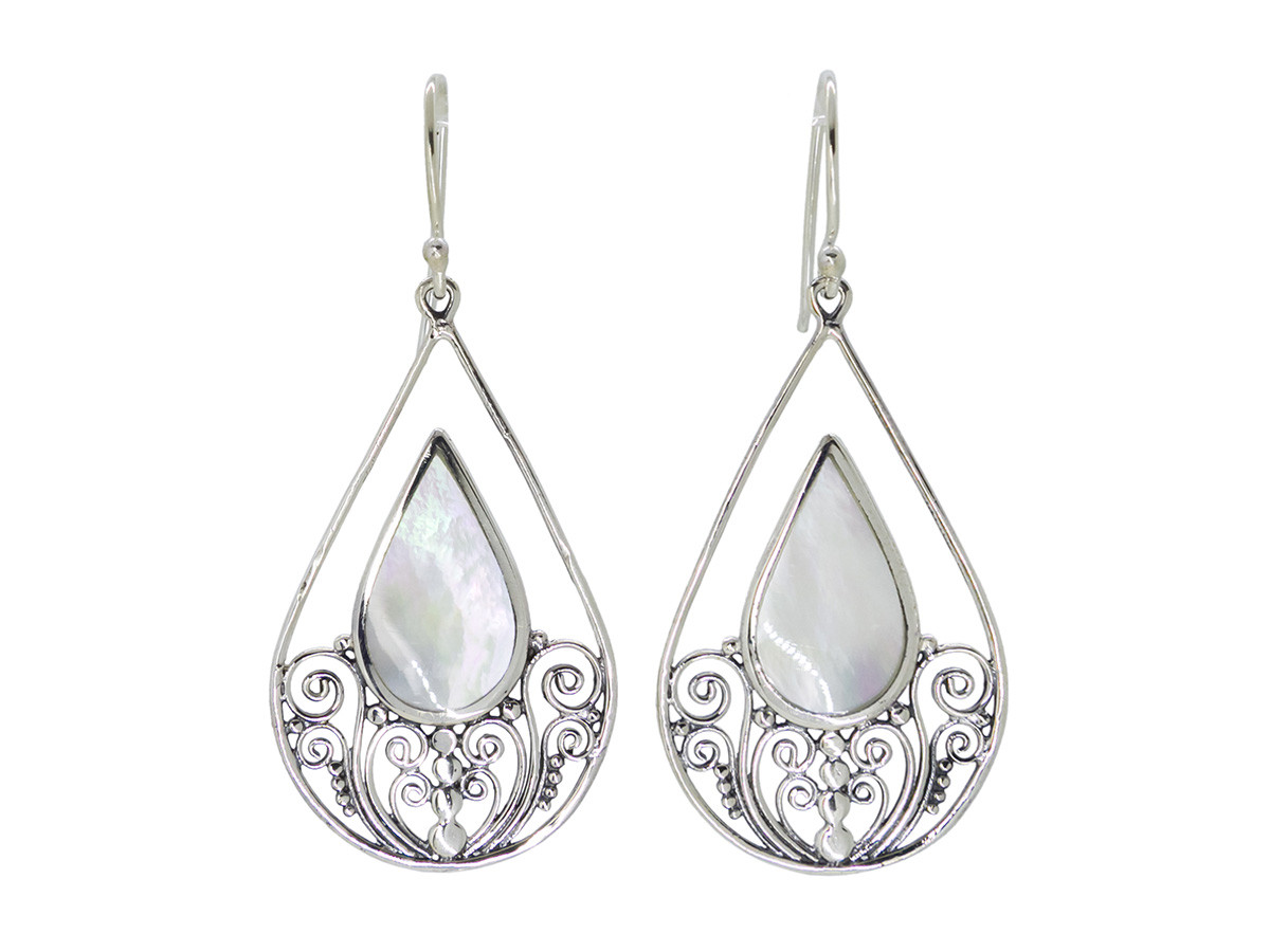 Boucles D'oreilles Goutte Argent Alpaga - Motif Floral Nacre Marron, Fabriqué Au Mexique, Sans Emballage