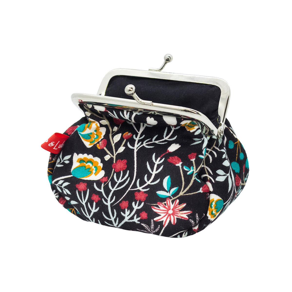 Porte-monnaie bourse à clip rétro noir imprimé fleurs multicolores