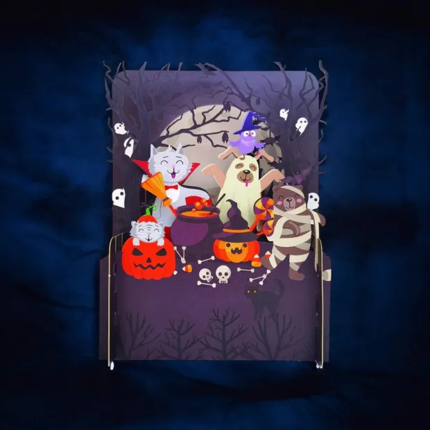 3D Pop Up Carte postale "Halloween Animaux"
