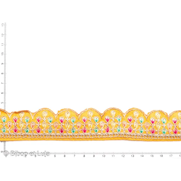 Galon Jaipur jaune brodé de sequins colorés et fils argenté à bord arrondi