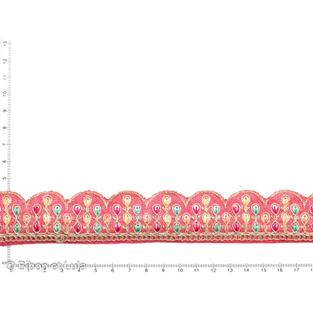 Galon Jaipur rose brodé de sequins colorés et fils argenté à bord arrondi