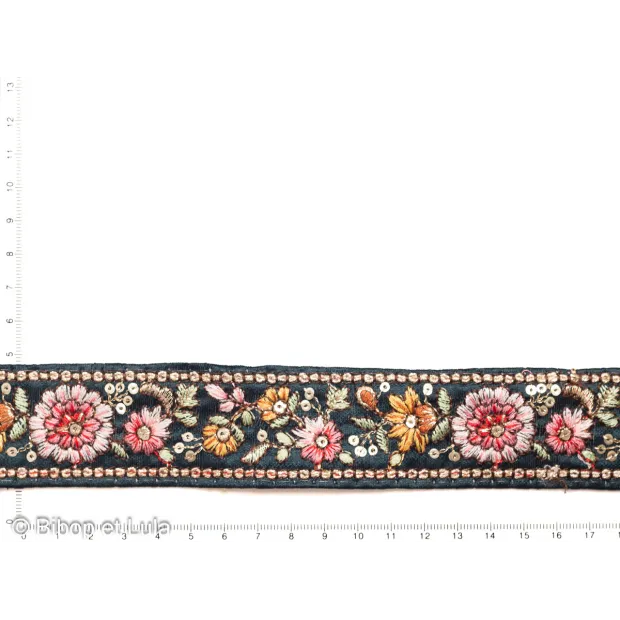Galon Indien Bindi bleu pétrole floral brodé