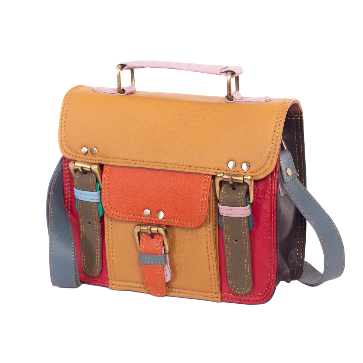 Petit cartable en cuir recyclé marron et rouge