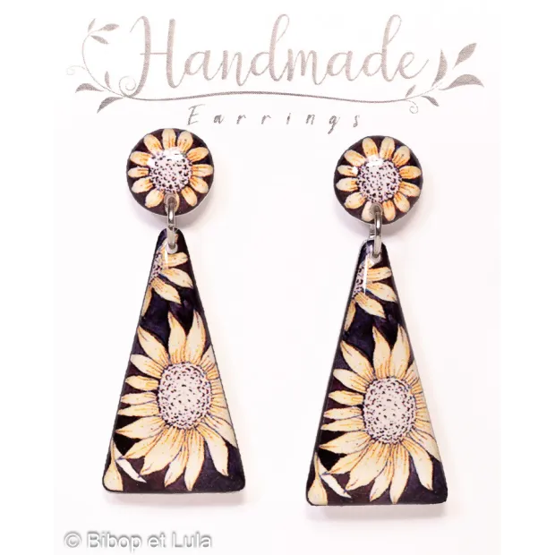Boucles d'oreilles clous pendantes, Tournesols