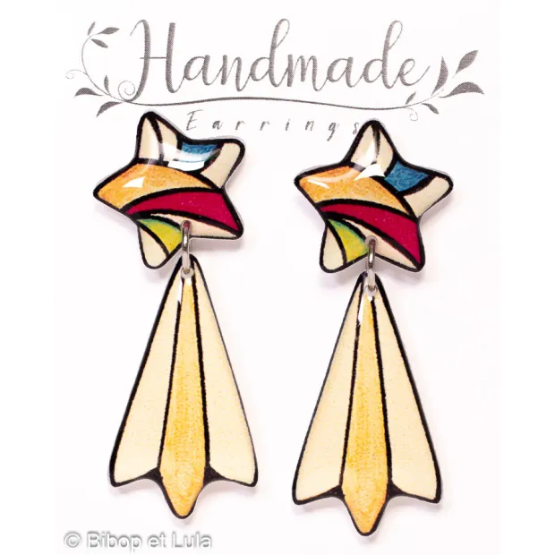 Boucles d'oreilles clous pendantes, Etoiles filantes jaunes