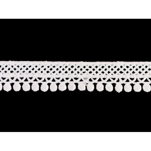 Ruban dentelle guipure blanche, croisillons et pompons