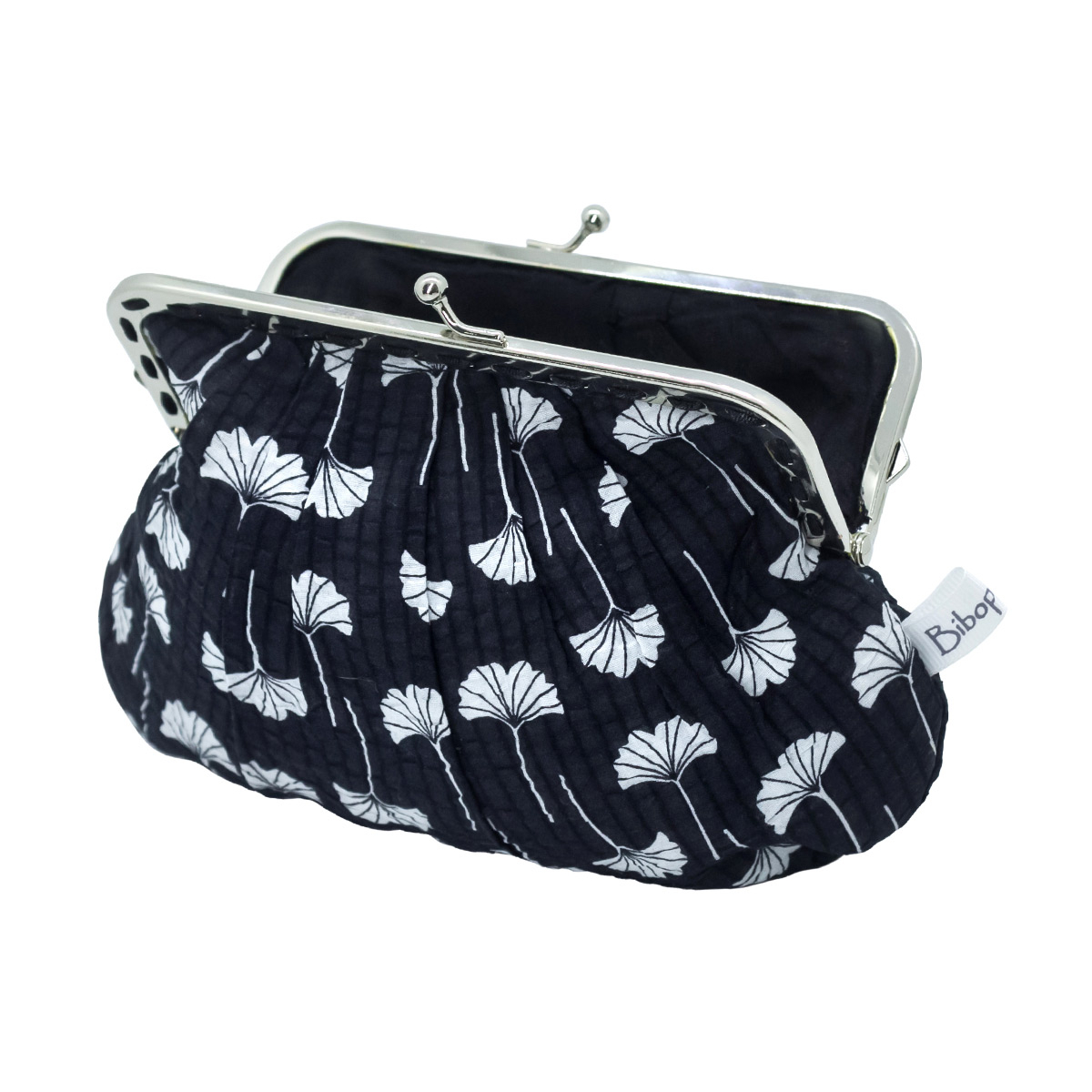 Grand porte-monnaie rétro noir motif ginkgo blanc