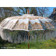 Parasol balinais écru coton motifs dorés et frange tissée. diamètre 190cm. - Bibop et Lula