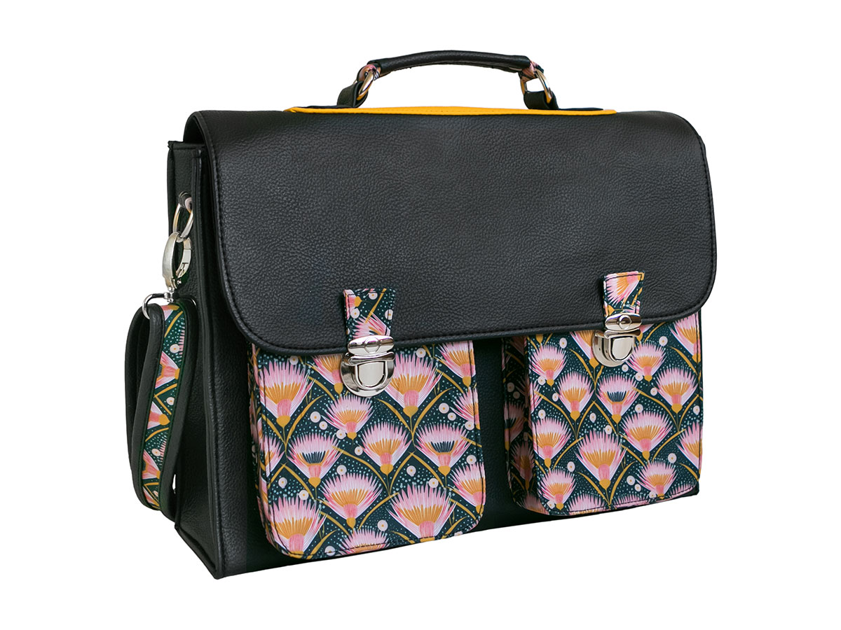 Cartable sacoche bandoulière adulte noir aux motifs feuilles de