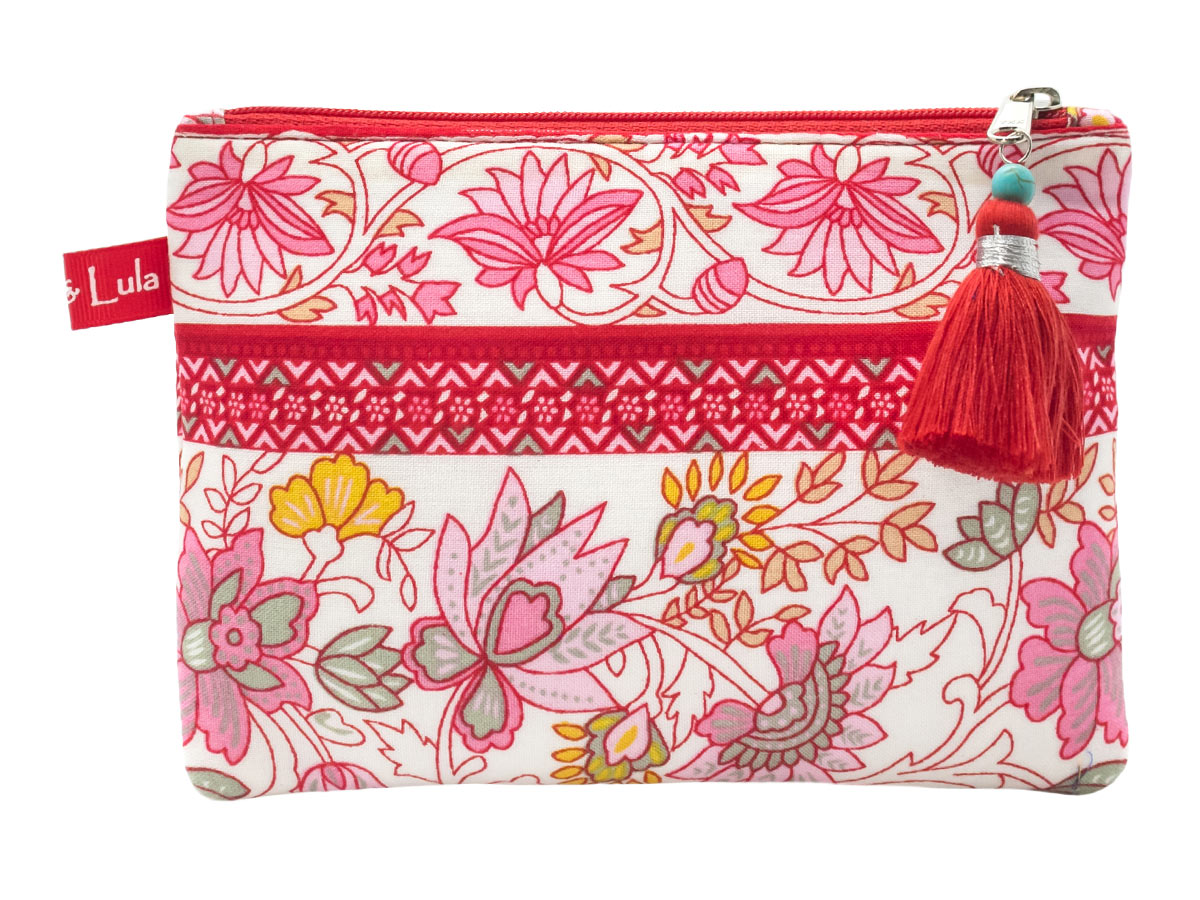 Petite pochette plate coton blanc imprimé floral figuratif rose et