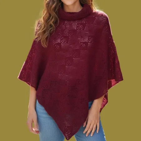 Poncho en laine col boule motif ajouré Bordeaux