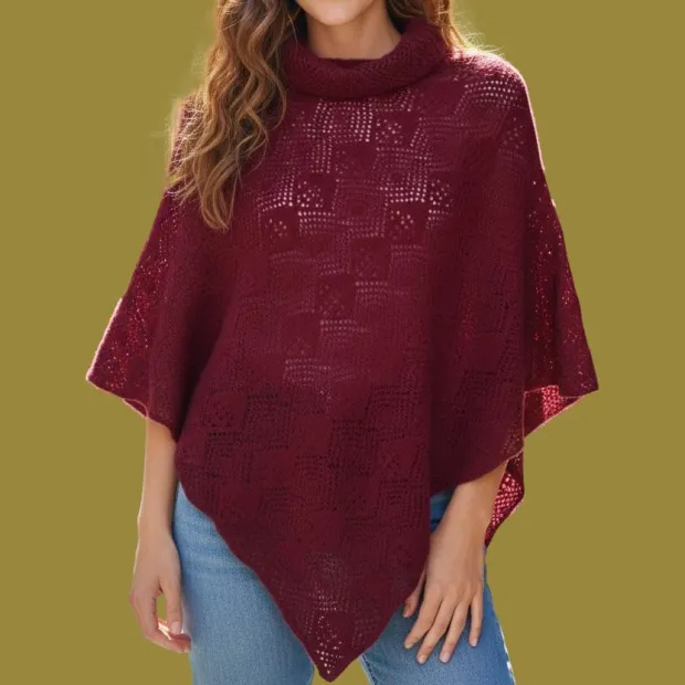 Poncho en laine col boule motif ajouré Bordeaux