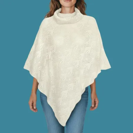 Poncho en laine col boule motif ajouré Ecru