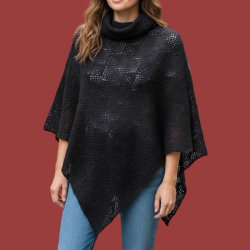 Poncho en laine col boule motif ajouré Noir - Bibop et Lula