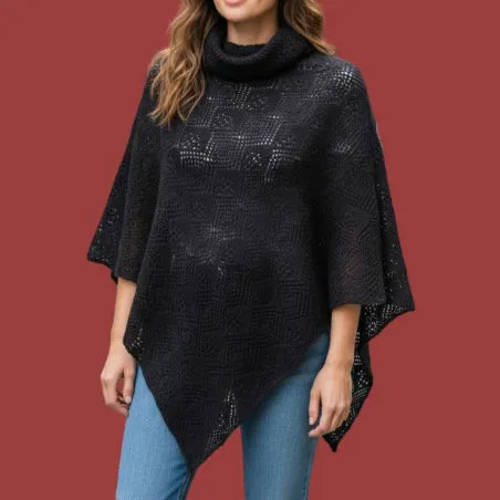 Poncho en laine col boule motif ajouré Noir
