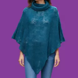 Poncho en laine col boule motif ajouré Bleu pétrole - Bibop et Lula