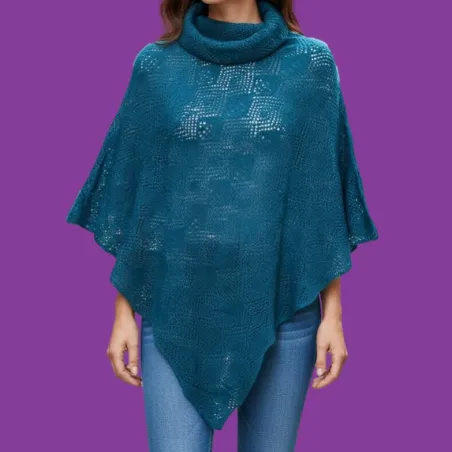 Poncho en laine col boule motif ajouré Bleu pétrole