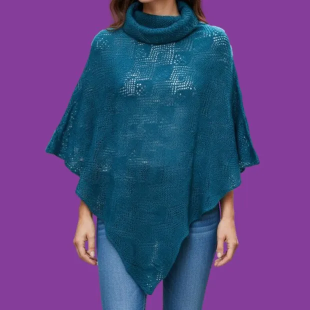 Poncho en laine col boule motif ajouré Bleu pétrole