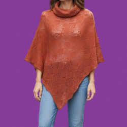 Poncho en laine col boule motif ajouré Orange rouille - Bibop et Lula