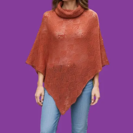 Poncho en laine col boule motif ajouré Orange rouille