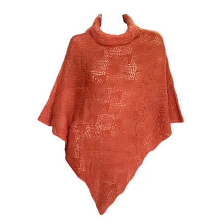 Poncho en laine col boule motif ajouré Orange rouille