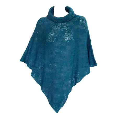 Poncho en laine col boule motif ajouré Bleu pétrole