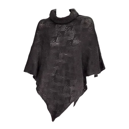 Poncho en laine col boule motif ajouré Noir