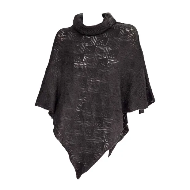 Poncho en laine col boule motif ajouré Noir