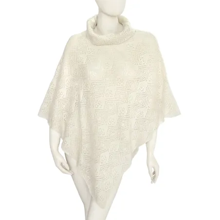 Poncho en laine col boule motif ajouré Ecru