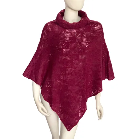 Poncho en laine col boule motif ajouré Bordeaux