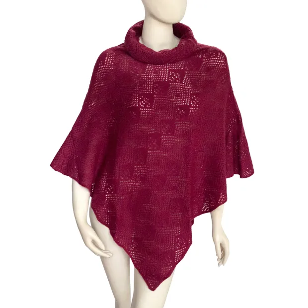 Poncho en laine col boule motif ajouré Bordeaux