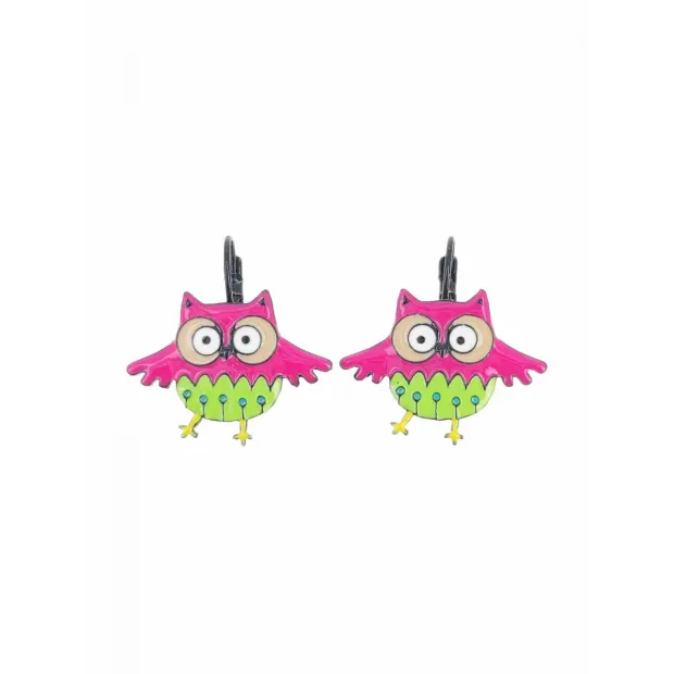 Boucles d'oreilles Hiboux vert et rose