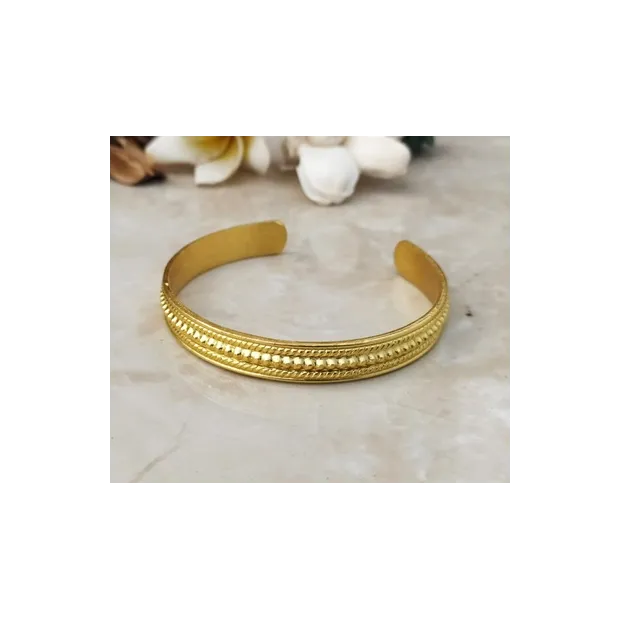Jonc, bracelet laiton épais martelé frise perlée