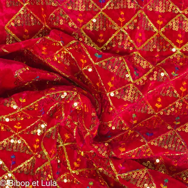 Velours Bollywood rouge foncé brodé