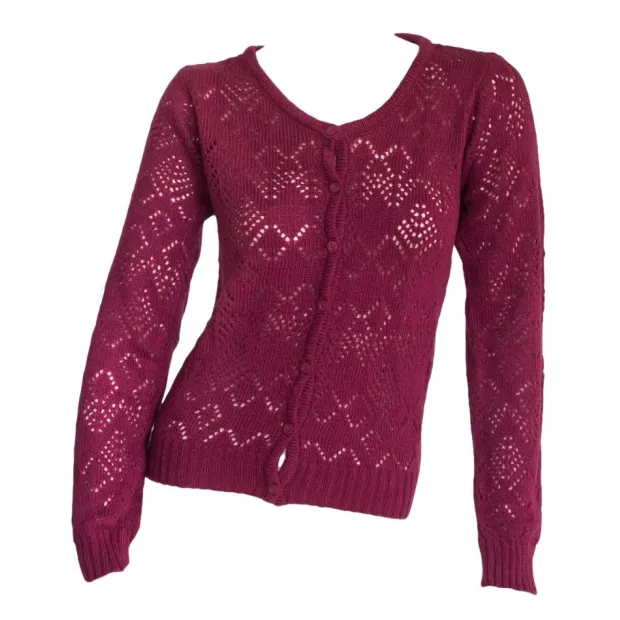 Gilet laine motifs ajourés Bordeaux