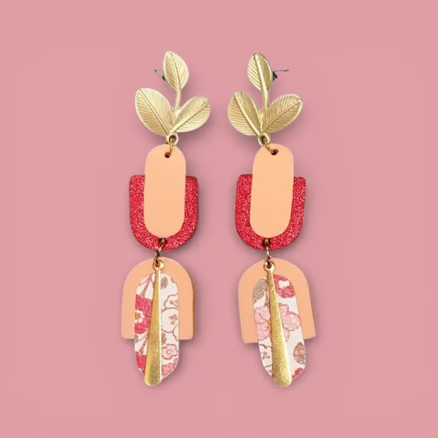 Boucles d’oreilles Leafa cuir rouge beige