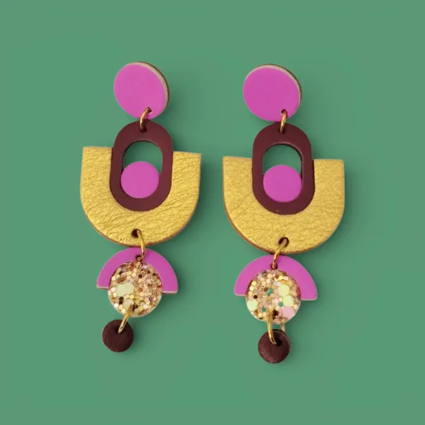 Boucles d’oreilles Psyché cuir violet doré