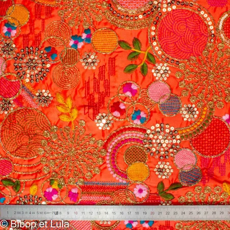 Tissu indien Bollywood brodé de sequins Kalar orange