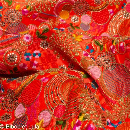 Tissu indien Bollywood brodé de sequins Kalar orange