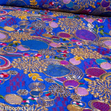 Tissu indien Bollywood brodé de sequins Kalar bleu