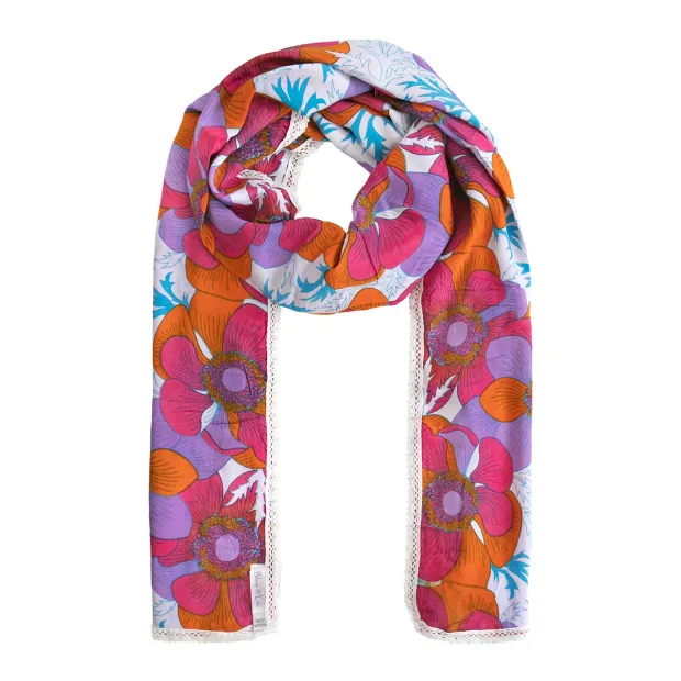 Chèche foulard femme au motif floral prune et orange