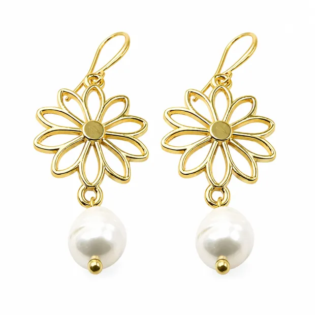 Boucles d'oreilles dormeuses " Marguerite et perle"