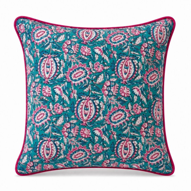 Housse de coussin carré block print Turquoise Jaipur