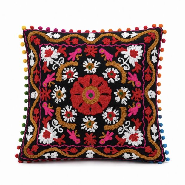 Housse de coussin Suzani noire