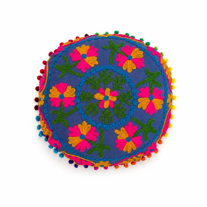 Coussin Rond Suzani Bleu