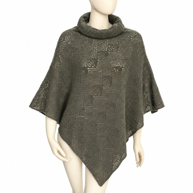 Poncho en laine col boule motif ajouré Gris