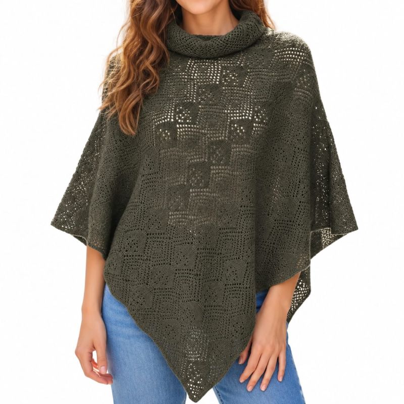 Poncho en laine col boule motif ajouré Gris