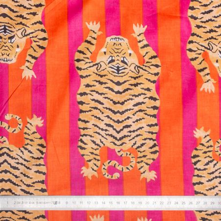Tissu coton Tigre rayures orange rose