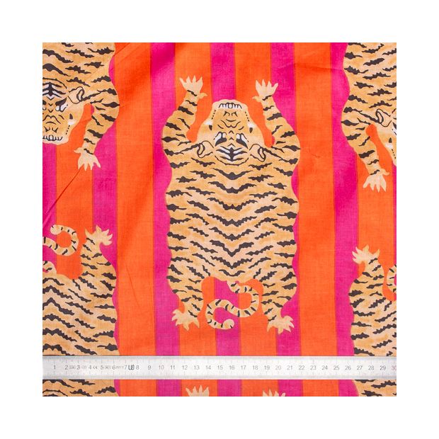 Tissu coton Tigre rayures orange rose