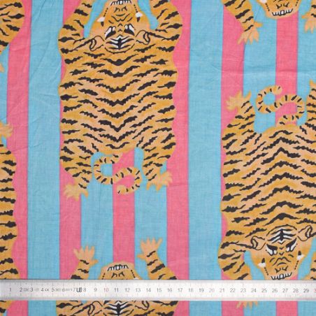Tissu coton Tigre rayures bleu rose